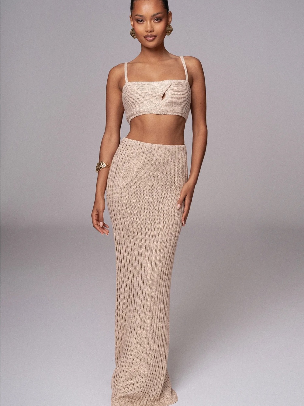 JLUXLABEL Ribbed Knit Tan Maxi Skirt